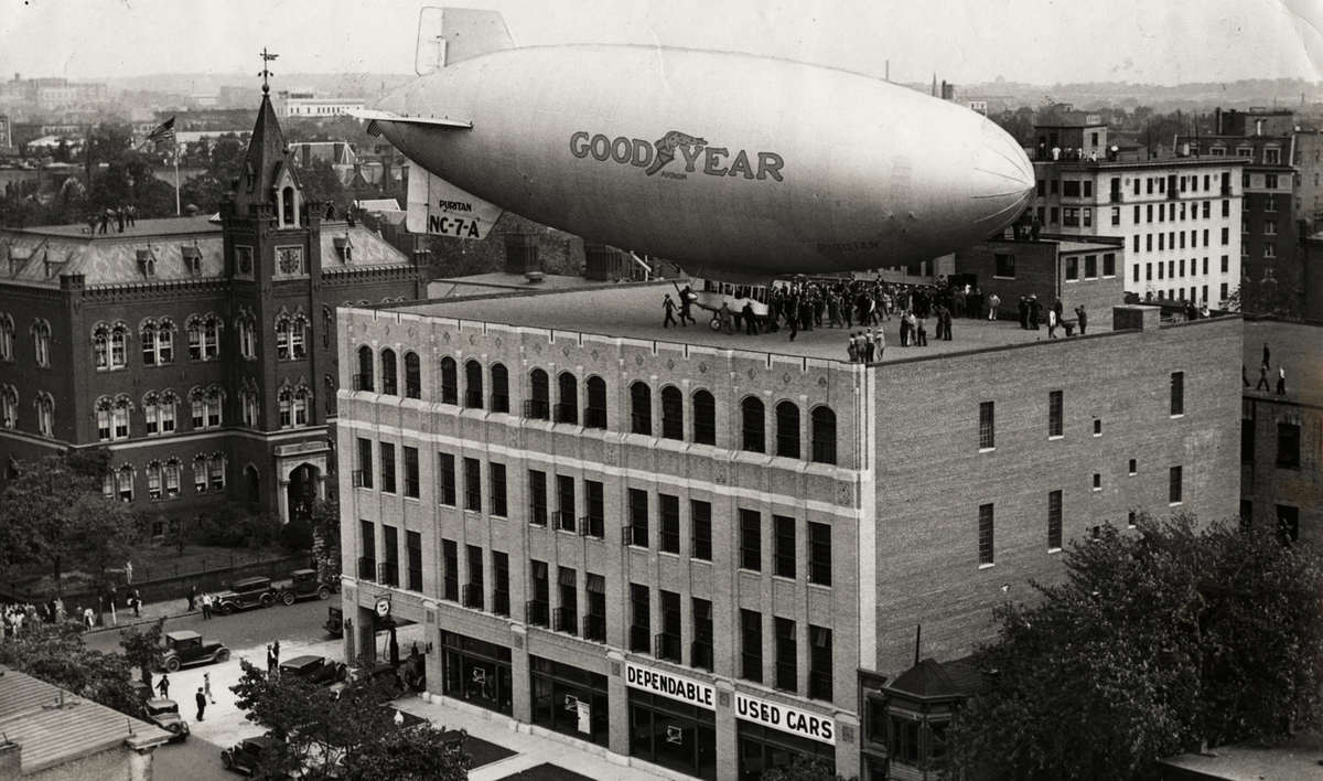 Goodyear 'Puritan landing on a building, probably 1929'